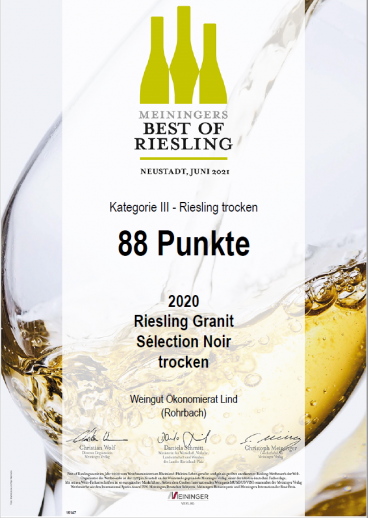 Urkunde Best of Riesling 2021 Meininger Verlag, Riesling Granit Sélection Noir, Bioweingut Weingut Ökonomierat Lind