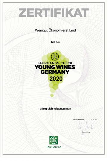 Zertifikat erfolgreiche Teilnahme für unseren Riesling Granit Sélection Noir Young Wines Germany 2021 von DLG, Bioweingut Weingut Ökonomierat Lind
