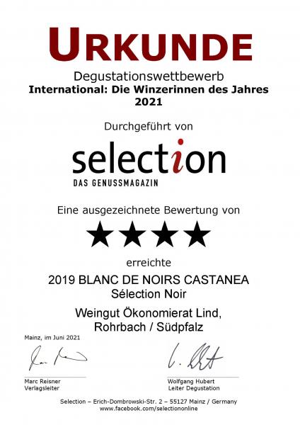 Urkunde Selection international: Die Winzerinnen des Jahres 2021 - 4 Sterne für unseren BLANC DE NOIRS CASTANEA Sélection Noir
