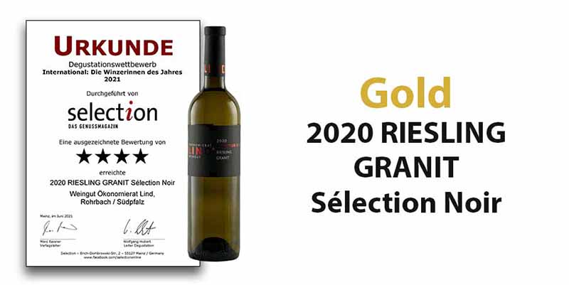 Degustationswettbewerb Sélection “International: Winzerinnen des Jahres 2021“ - Gold für unseren 2020 RIESLING GRANIT Sélection Noir